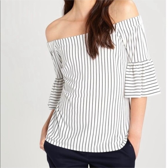 Banana Republic Off the Shoulder Bell Flare Slv Pin Stripe Blouse Black White S - Picture 1 of 11